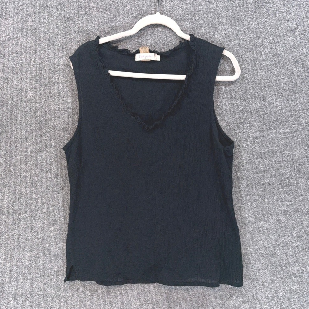 Fresh Produce Tank Top Women Large Black Ruffle Vneck Cotton Sleeveless Shirt
